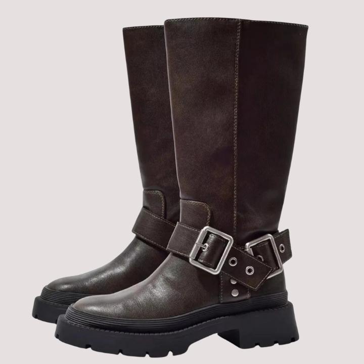Women's Knee-High Boots with Statement Buckle Straps