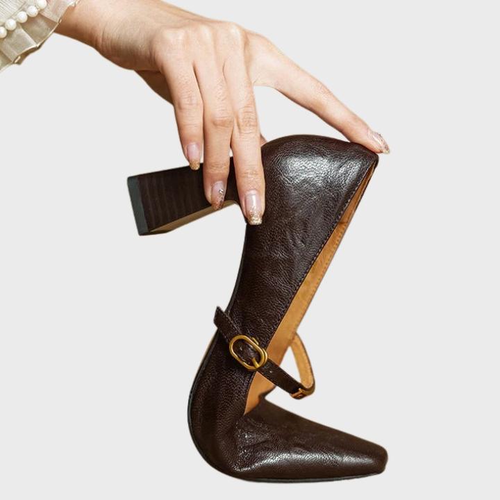 Women's Glossy Square-Toe Pumps with Metallic Accent Strapa