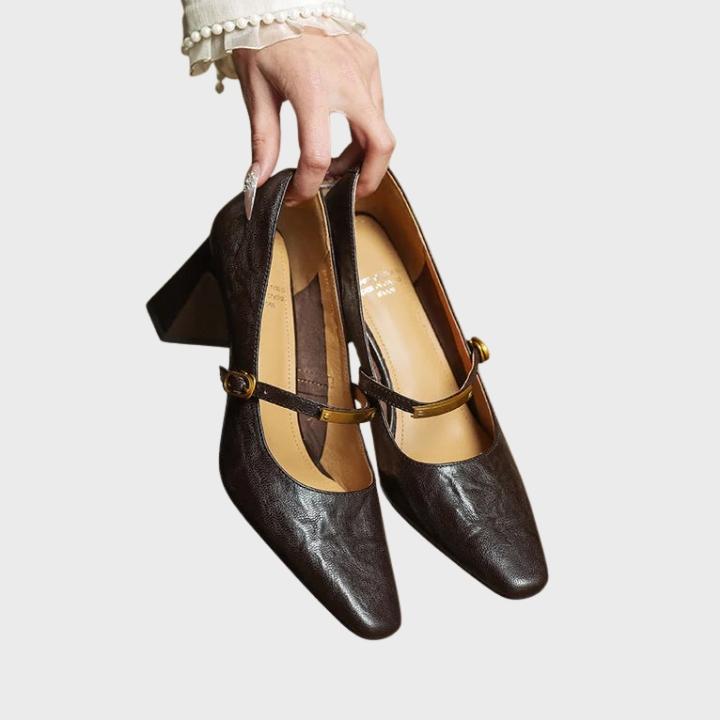 Women's Glossy Square-Toe Pumps with Metallic Accent Strapa