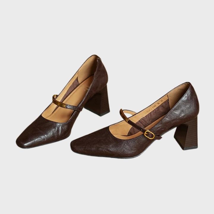 Women's Glossy Square-Toe Pumps with Metallic Accent Strapa