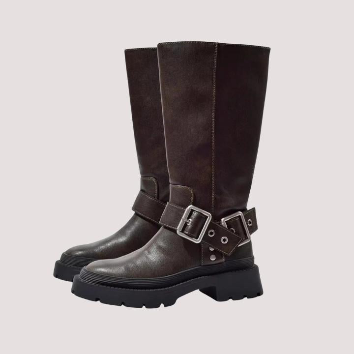 Women's Knee-High Boots with Statement Buckle Straps