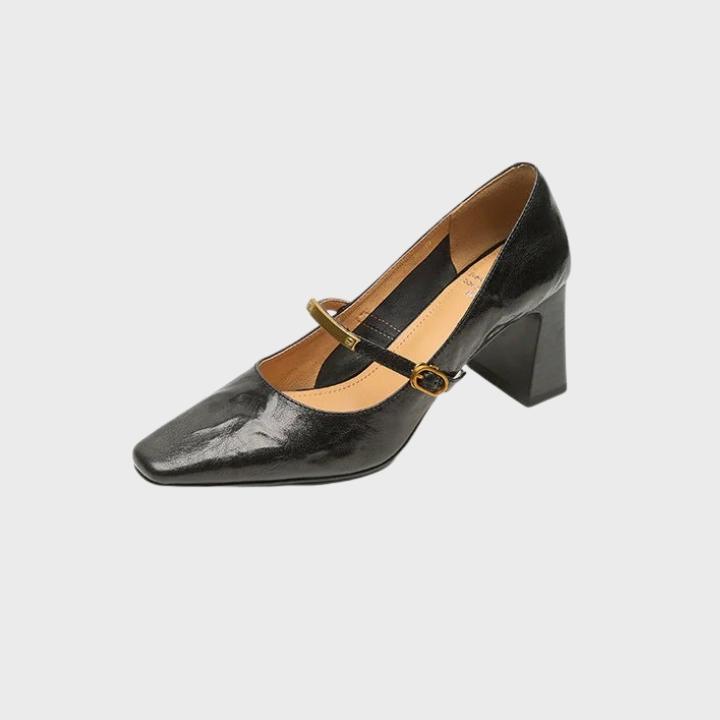 Women's Glossy Square-Toe Pumps with Metallic Accent Strapa