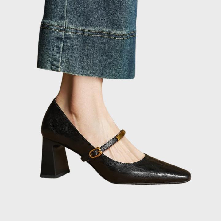 Women's Glossy Square-Toe Pumps with Metallic Accent Strapa