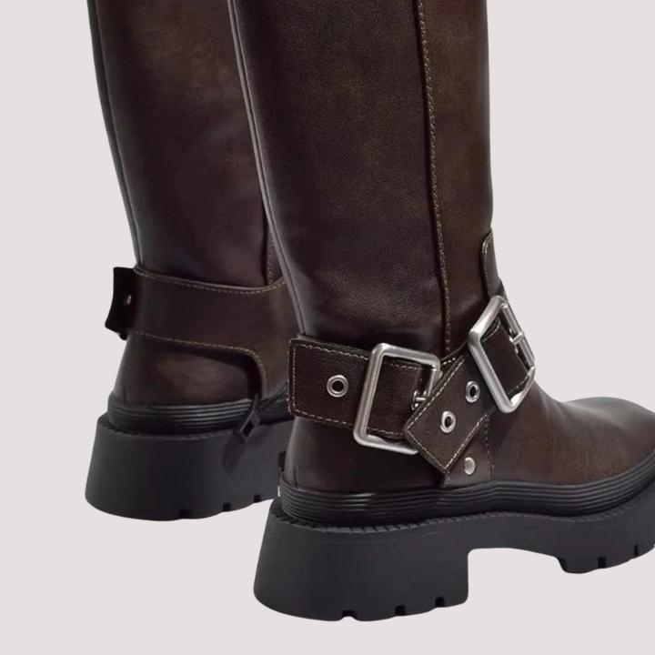 Women's Knee-High Boots with Statement Buckle Straps