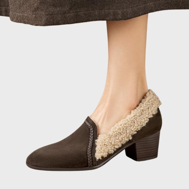 Women's Shearling-Trim Slip-On Shoes with Block Heel