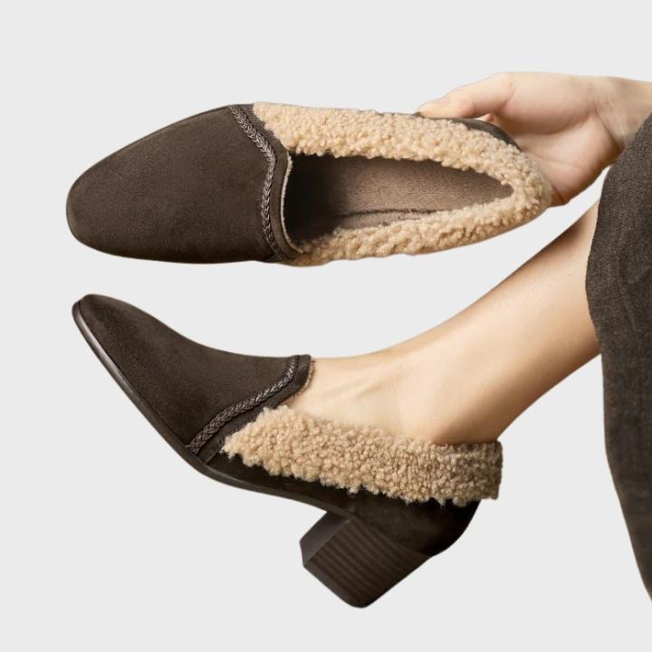 Women's Shearling-Trim Slip-On Shoes with Block Heel