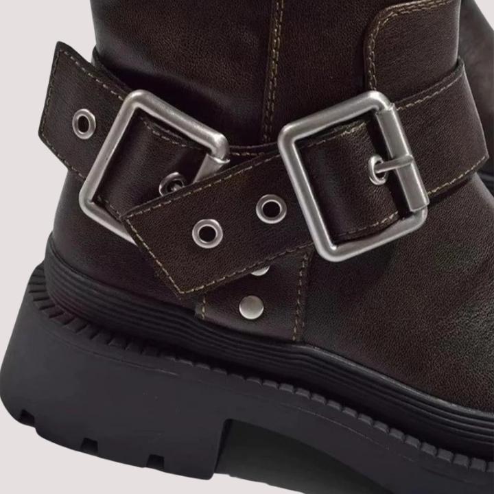 Women's Knee-High Boots with Statement Buckle Straps