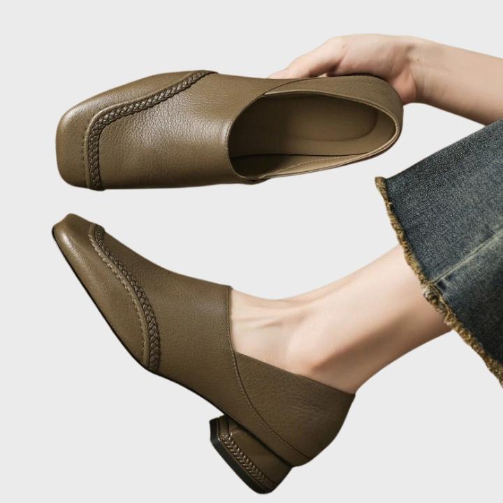 Women's Textured Square-Toe Slip-On Shoes with Low Block Heel