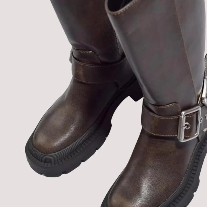 Women's Knee-High Boots with Statement Buckle Straps