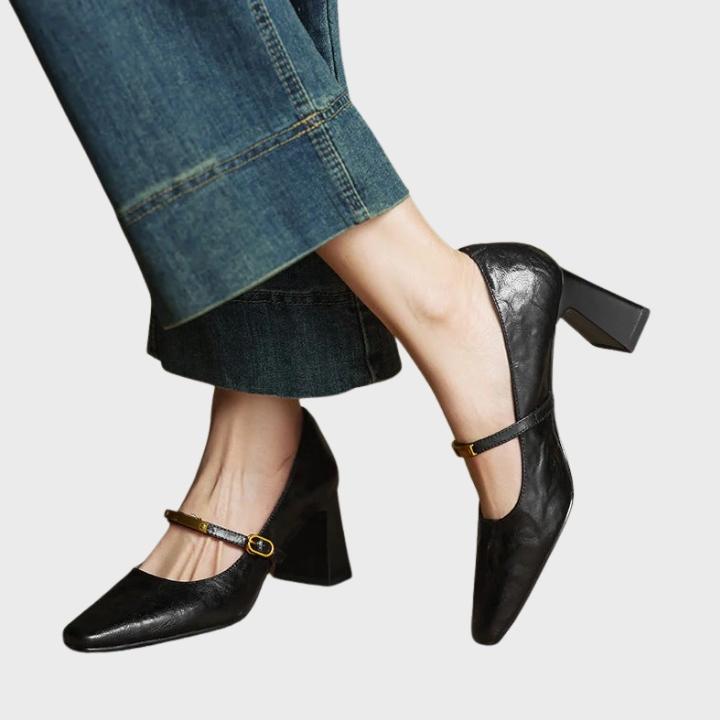 Women's Glossy Square-Toe Pumps with Metallic Accent Strapa