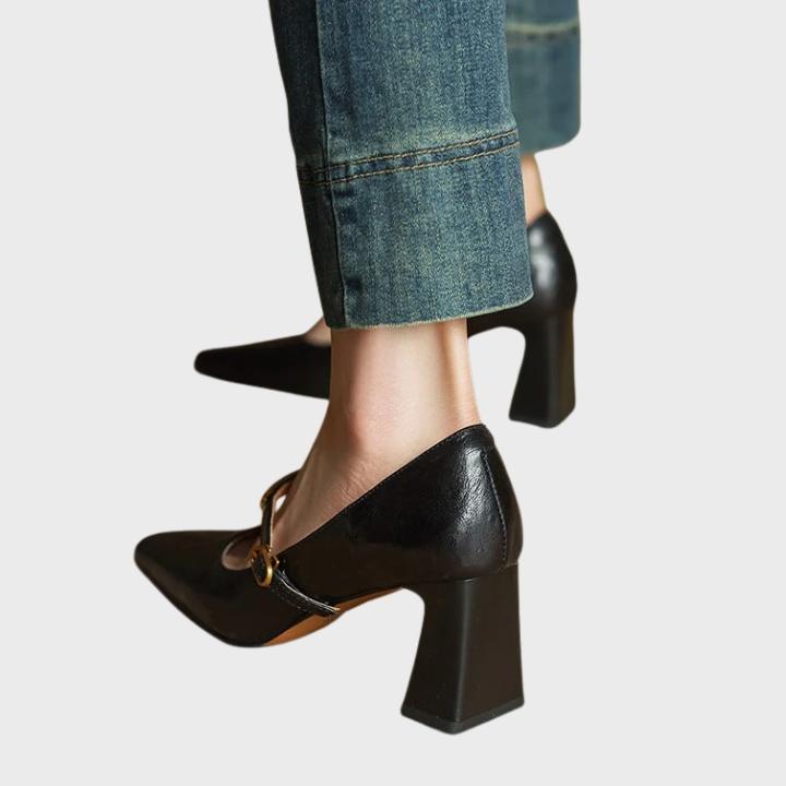 Women's Glossy Square-Toe Pumps with Metallic Accent Strapa