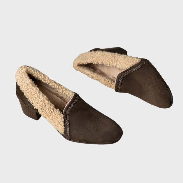 Women's Shearling-Trim Slip-On Shoes with Block Heel
