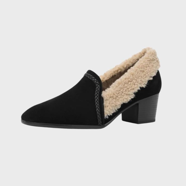 Women's Shearling-Trim Slip-On Shoes with Block Heel