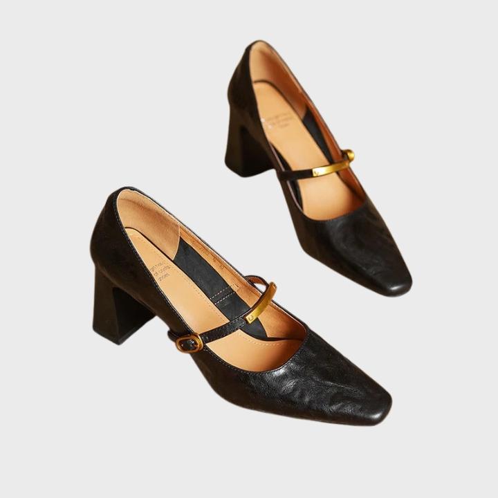 Women's Glossy Square-Toe Pumps with Metallic Accent Strapa
