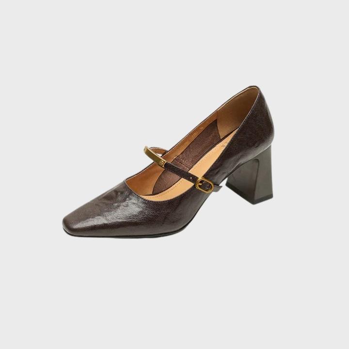Women's Glossy Square-Toe Pumps with Metallic Accent Strapa