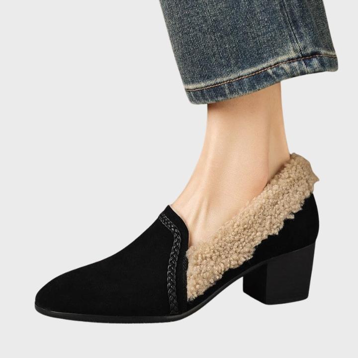 Women's Shearling-Trim Slip-On Shoes with Block Heel