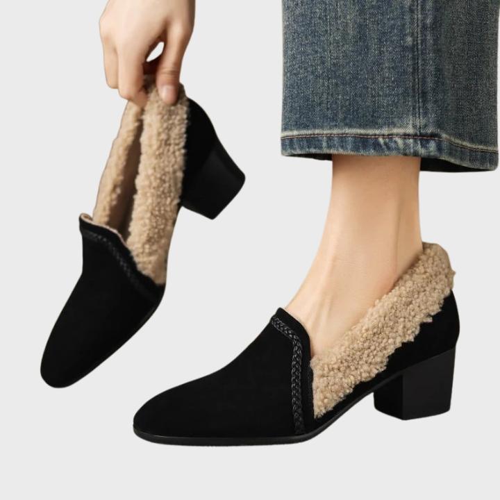 Women's Shearling-Trim Slip-On Shoes with Block Heel