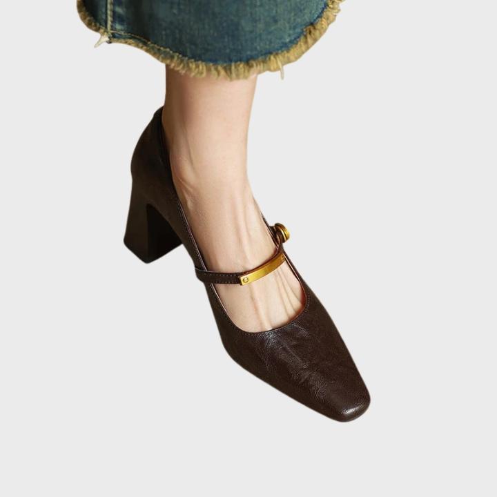 Women's Glossy Square-Toe Pumps with Metallic Accent Strapa