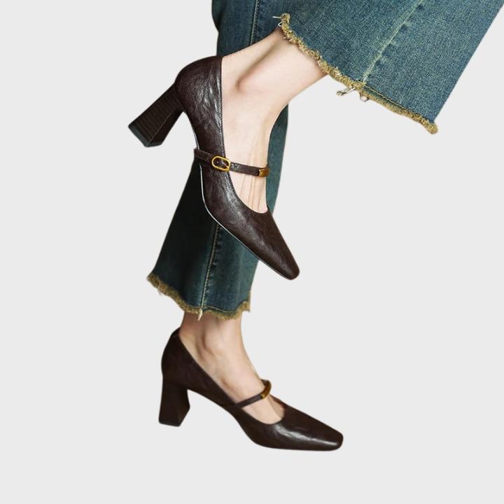 Women's Glossy Square-Toe Pumps with Metallic Accent Strapa