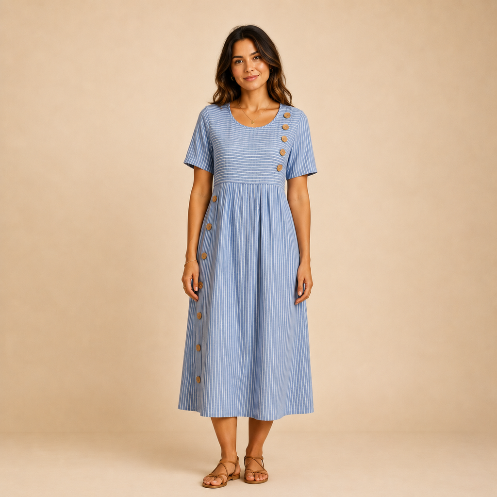 Mary - Button Striped Mide Dress