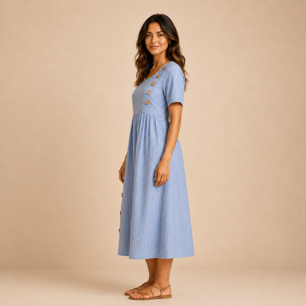 Mary - Button Striped Mide Dress