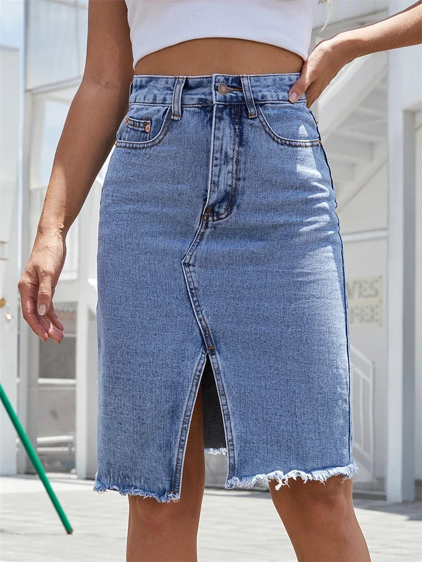 Women's Casual Denim Midi Skirt with Front Slit