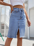Women's Casual Denim Midi Skirt with Front Slit