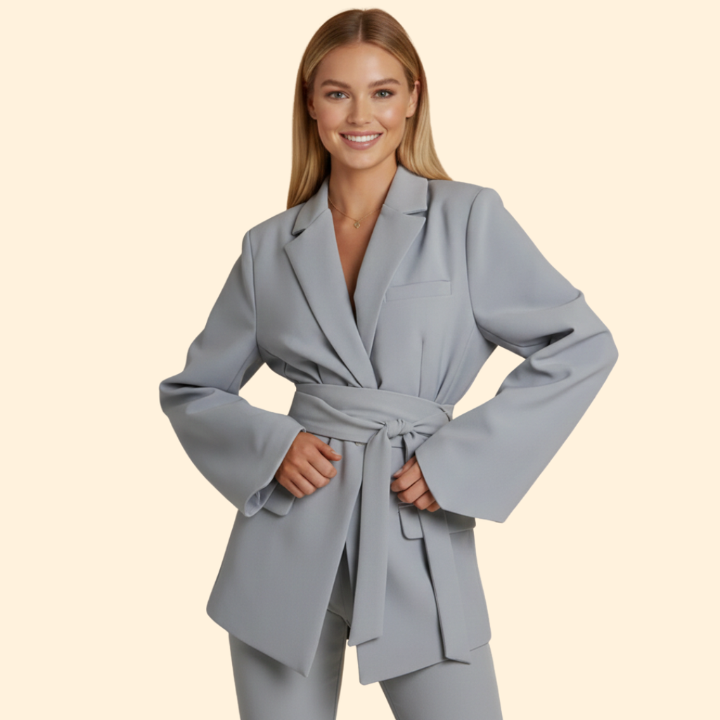 Women Blazer Belted Notched Lapels