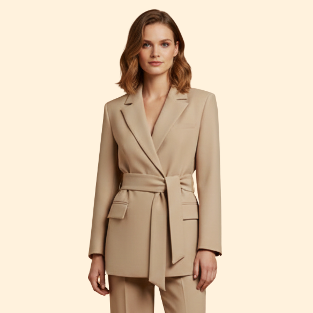 Women Blazer Belted Notched Lapels