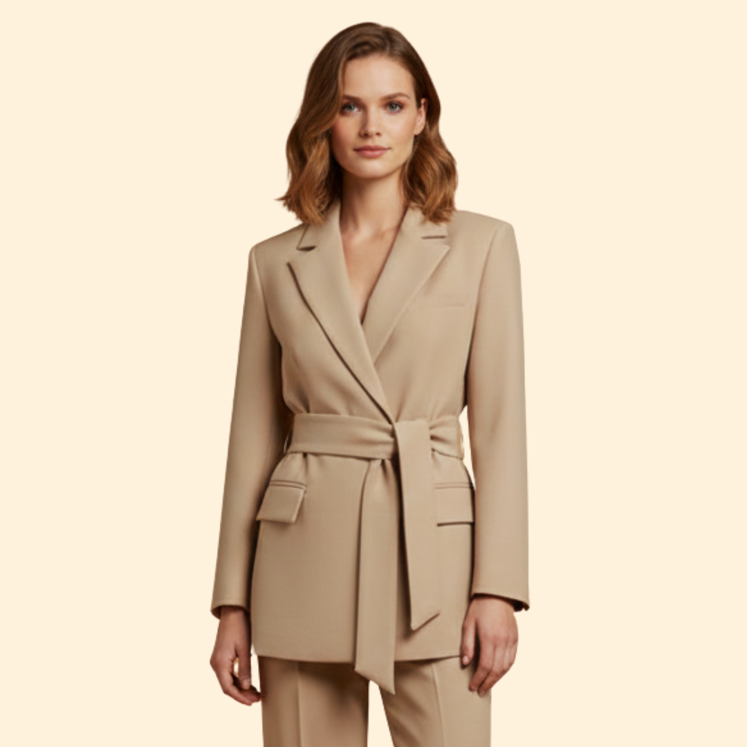 Women Blazer Belted Notched Lapels