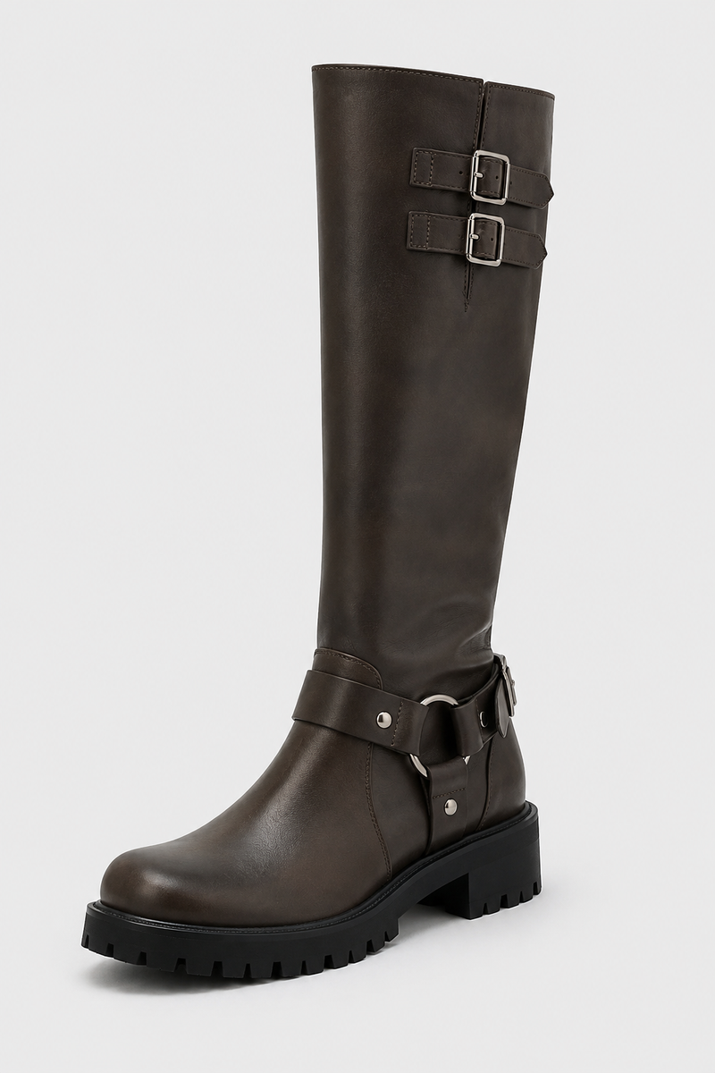Women's Knee-High Lug Sole Boots Harness Design Stylish Everyday Footwear