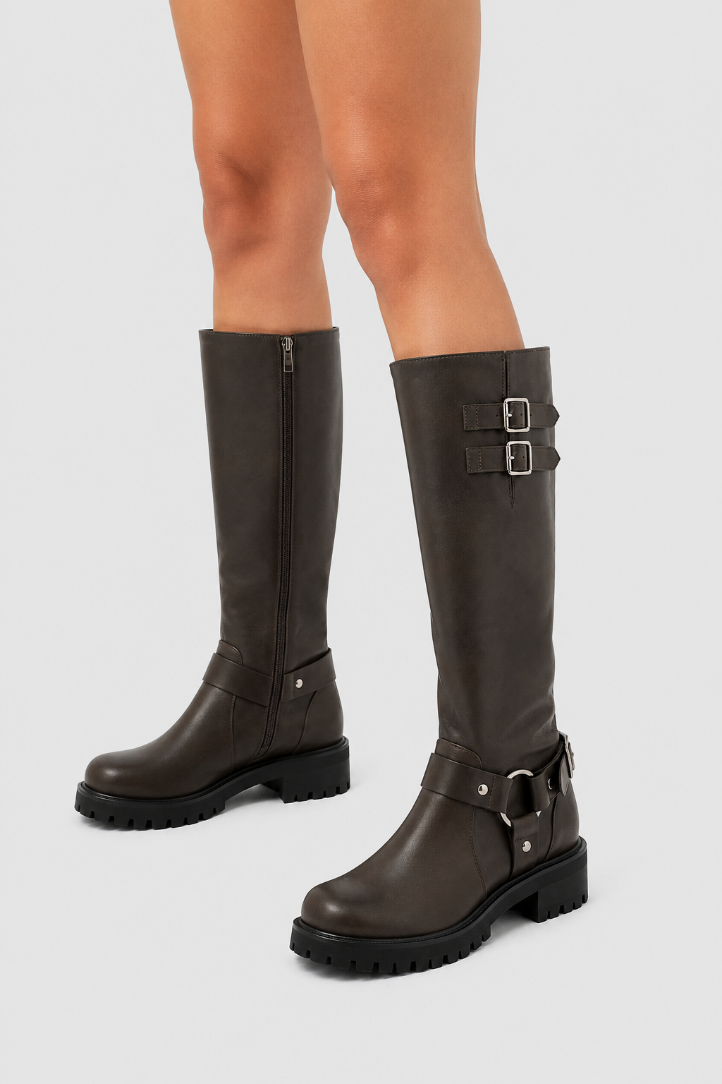 Women's Knee-High Lug Sole Boots Harness Design Stylish Everyday Footwear