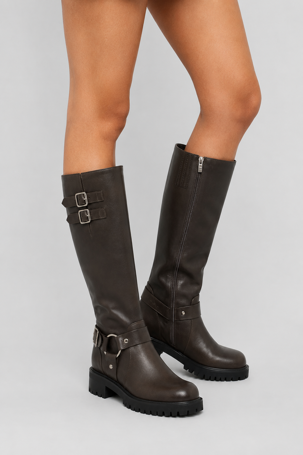 Women's Knee-High Lug Sole Boots Harness Design Stylish Everyday Footwear