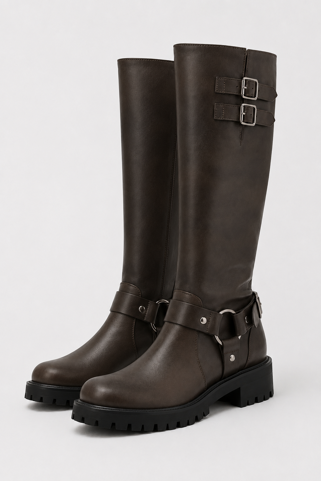 Women's Knee-High Lug Sole Boots Harness Design Stylish Everyday Footwear