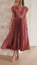 Women's Pleated V-Neck Midi Dress