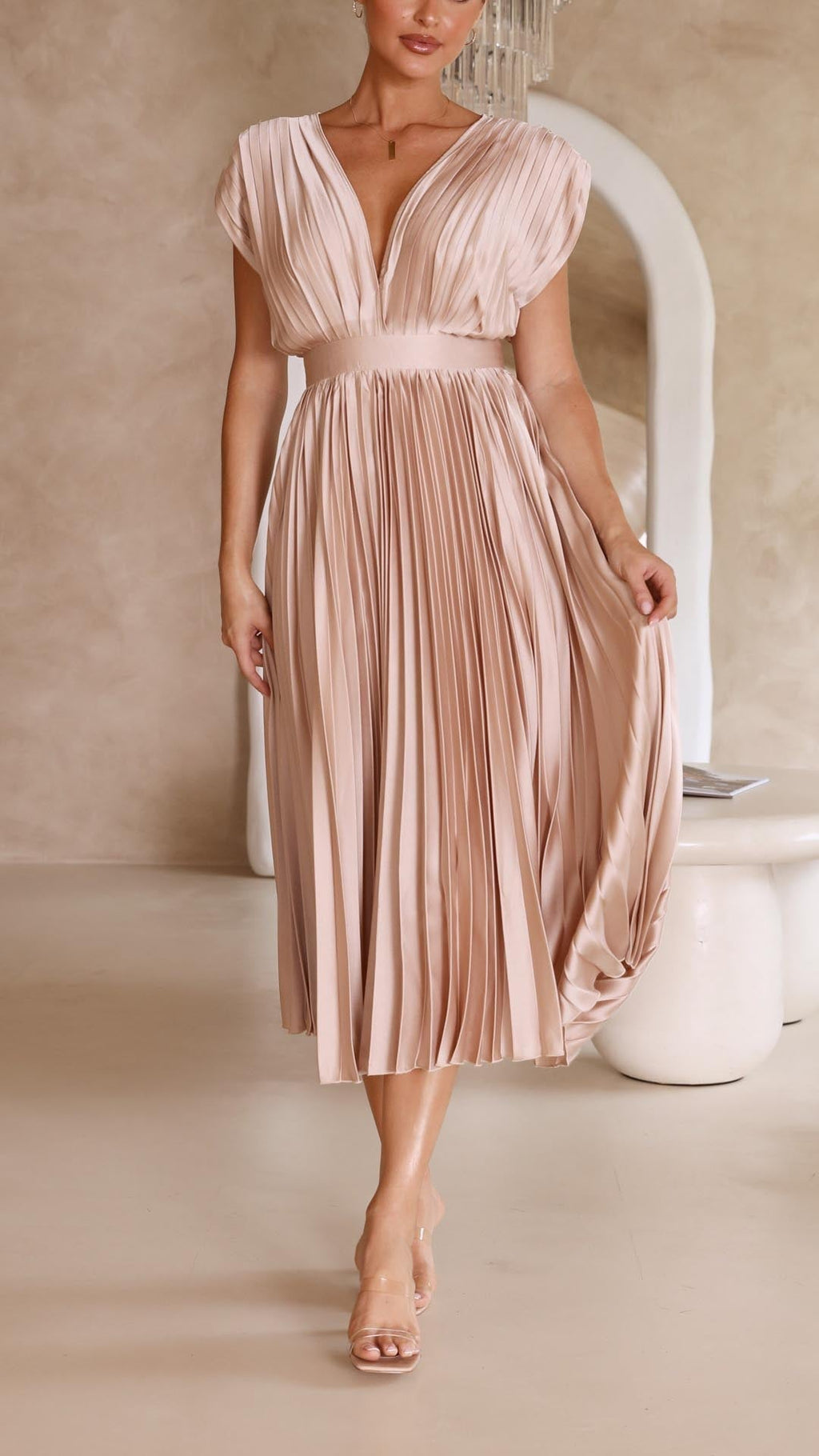 Women's Pleated V-Neck Midi Dress