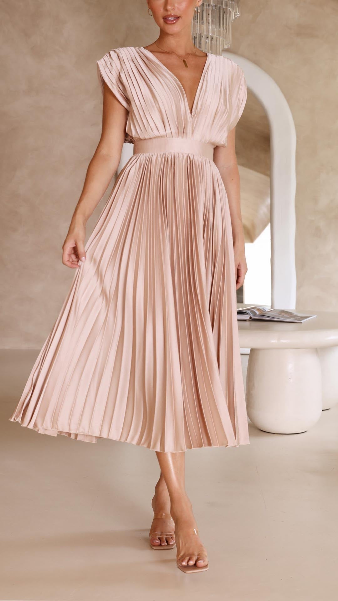 Women's Pleated V-Neck Midi Dress