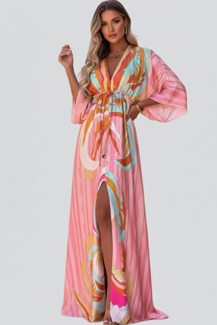 Women's V-Neck Belted Printed Maxi Dress