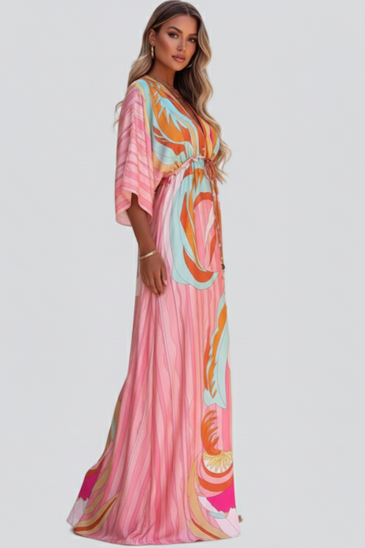 Women's V-Neck Belted Printed Maxi Dress