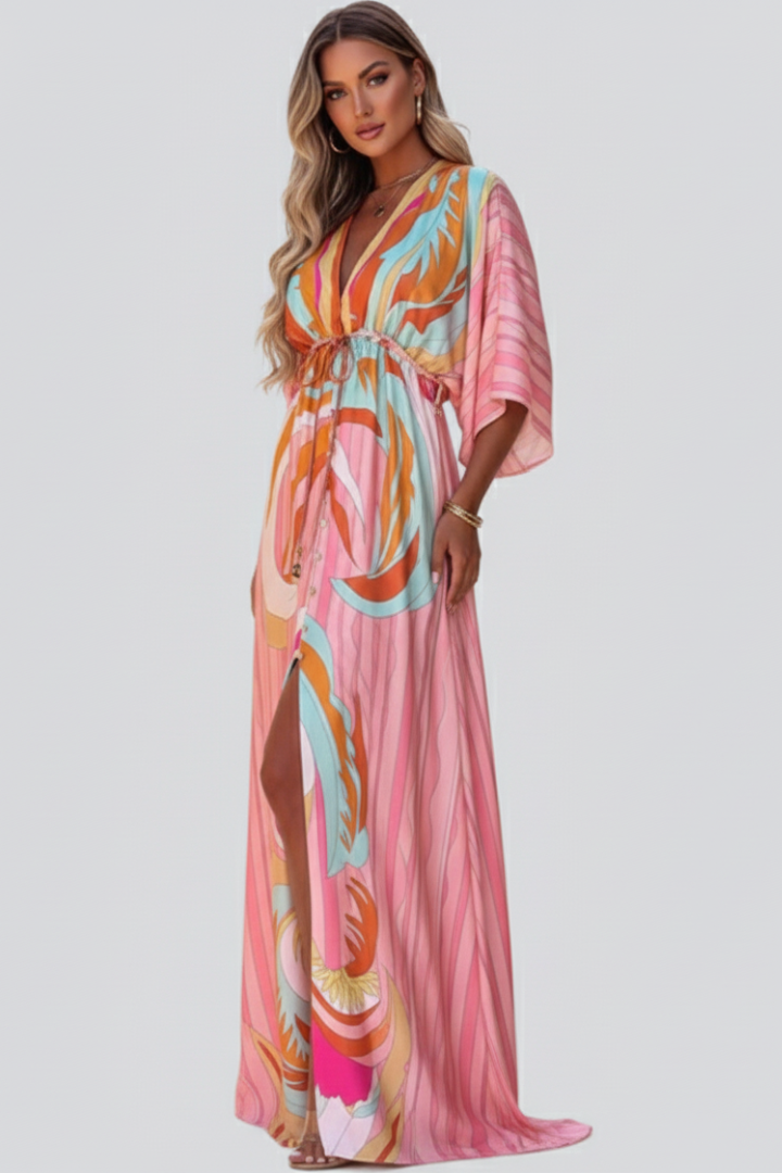 Women's V-Neck Belted Printed Maxi Dress