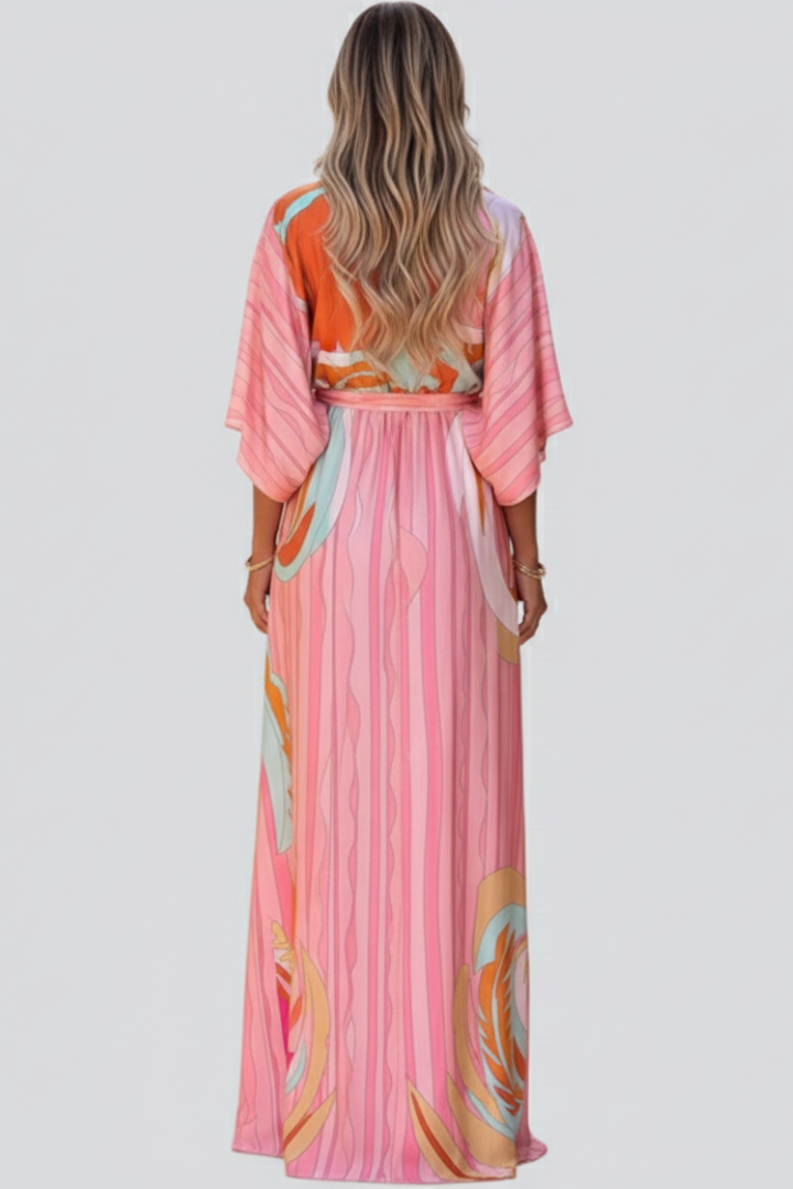 Women's V-Neck Belted Printed Maxi Dress