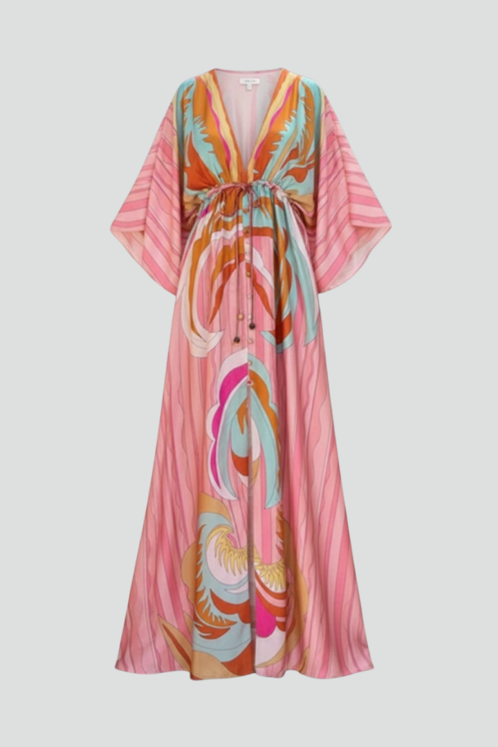 Women's V-Neck Belted Printed Maxi Dress