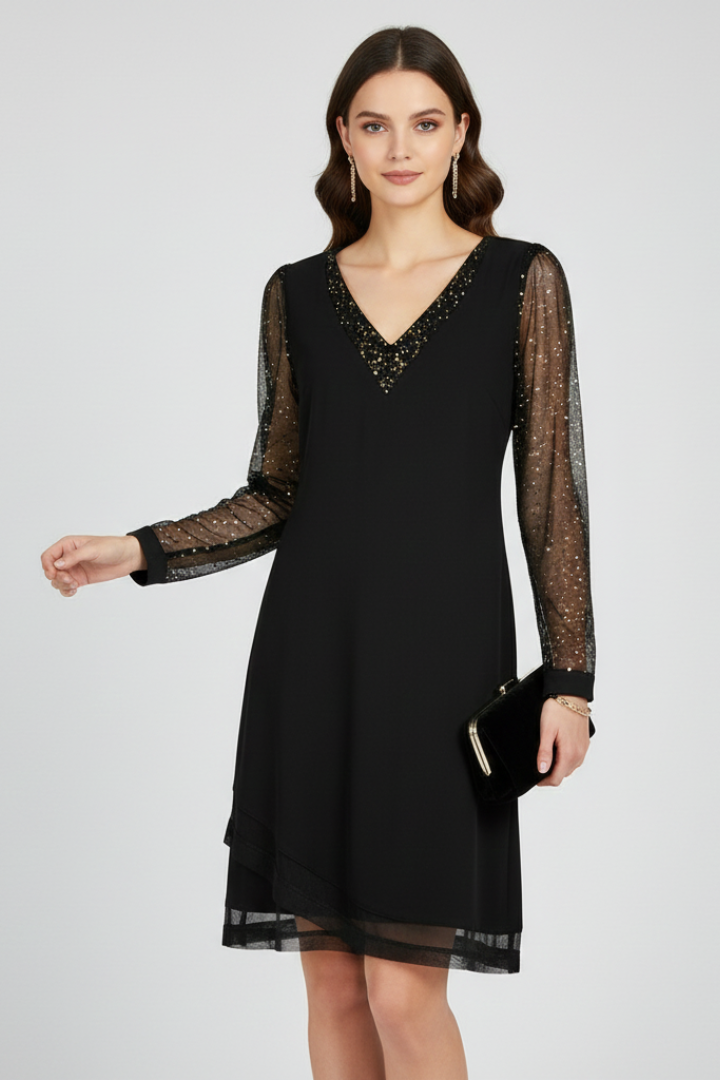 Women's V-Neck Fit and Flare Dress with Sequin Sleeves