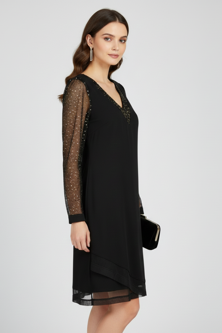 Women's V-Neck Fit and Flare Dress with Sequin Sleeves
