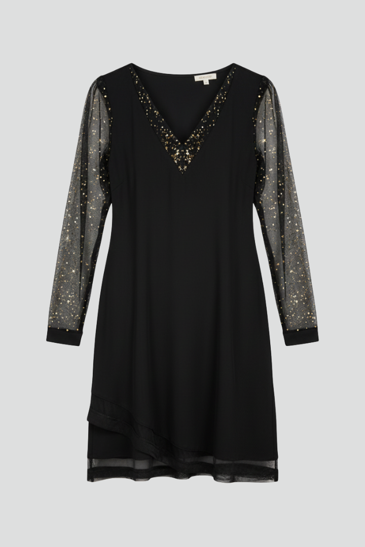 Women's V-Neck Fit and Flare Dress with Sequin Sleeves