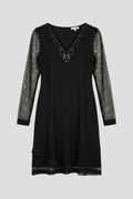 Women's V-Neck Fit and Flare Dress with Sequin Sleeves
