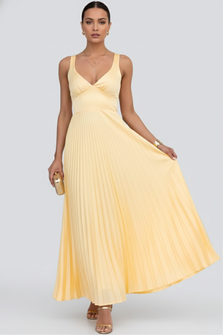 Women's V-Neck Pleated Maxi Dress