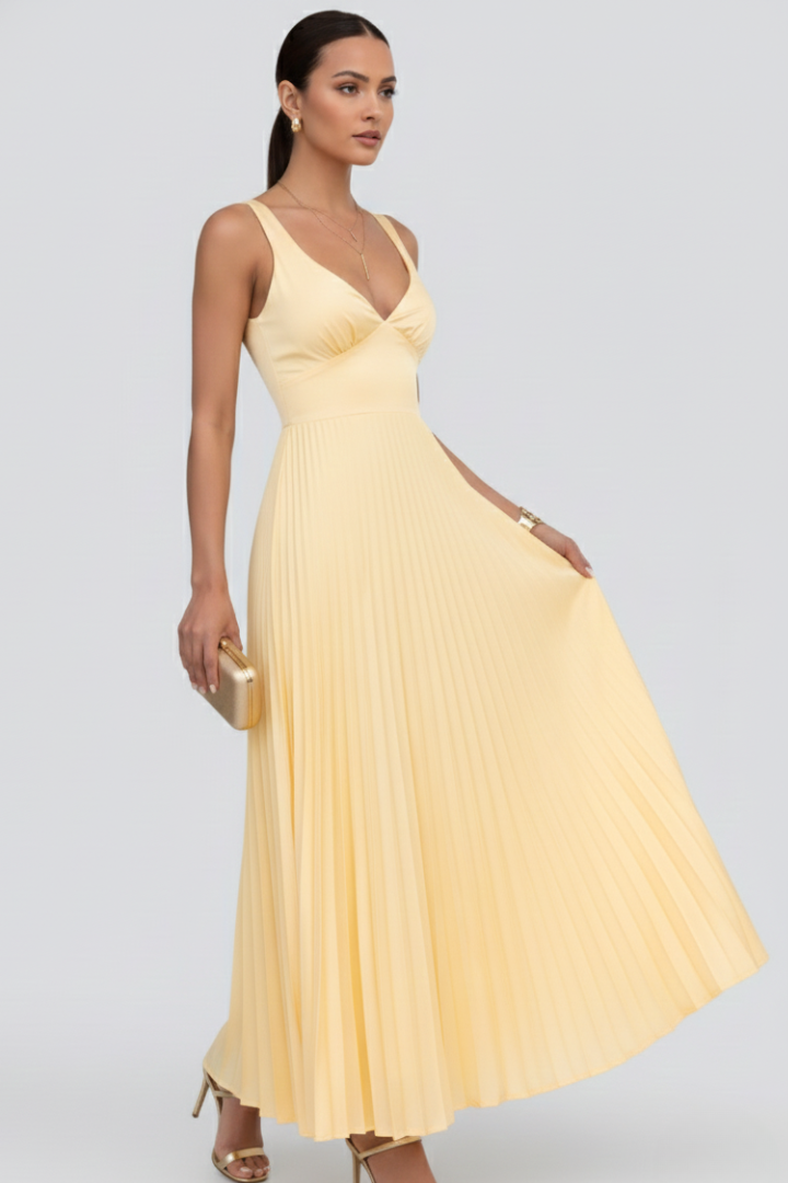 Women's V-Neck Pleated Maxi Dress