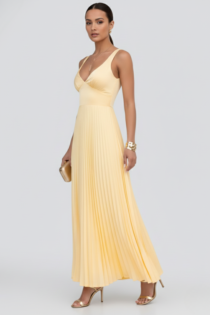 Women's V-Neck Pleated Maxi Dress