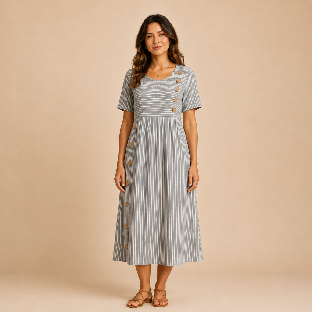 Mary - Button Striped Mide Dress